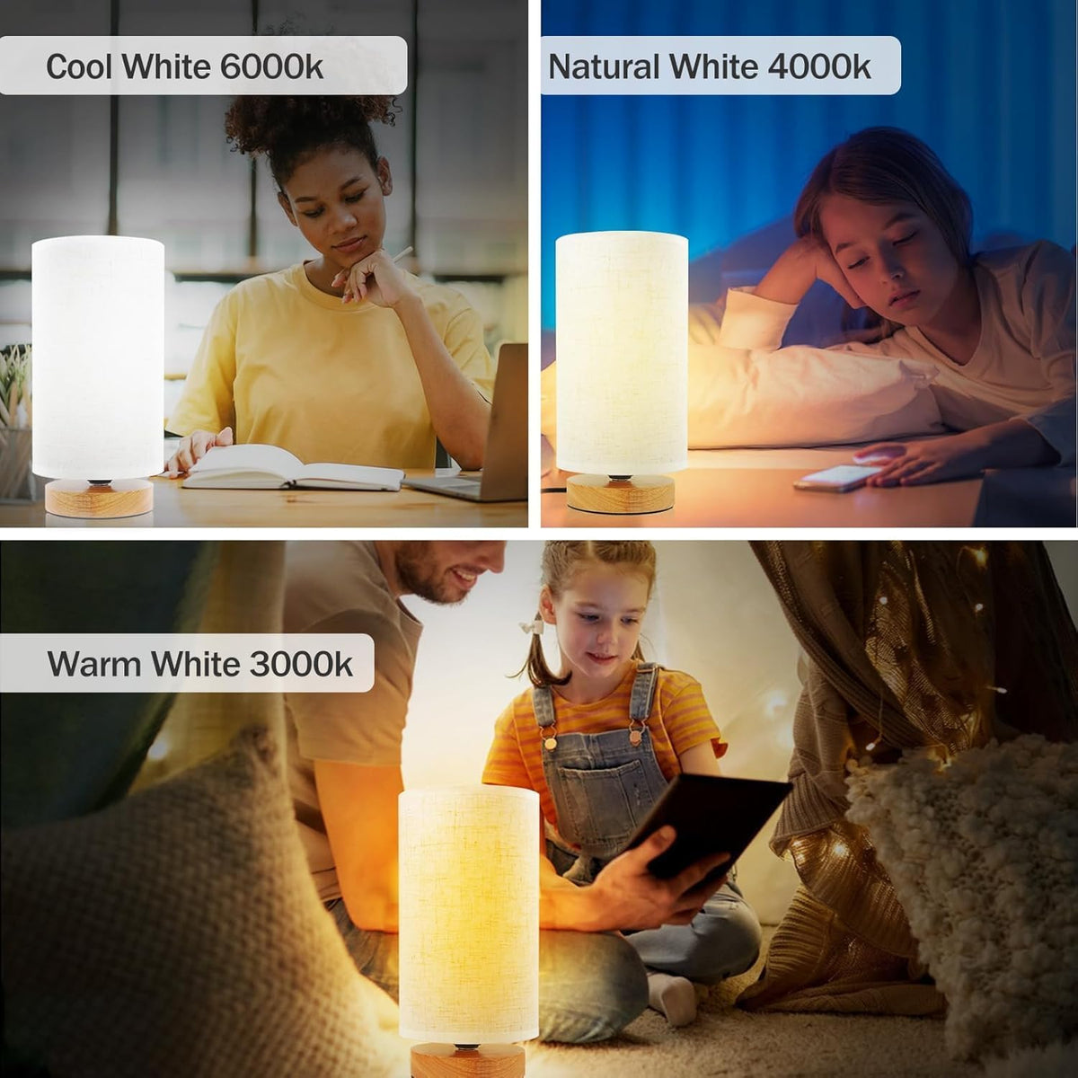 Small Bedside Table Lamp for Bedroom, Minimalist Wood Base & Round Fabric Shade, Mini Cute Cozy Warm White Nightstand Boho Lamp, Study Desk Night Stand Light for Room, Dorm, Nursery, Living Room