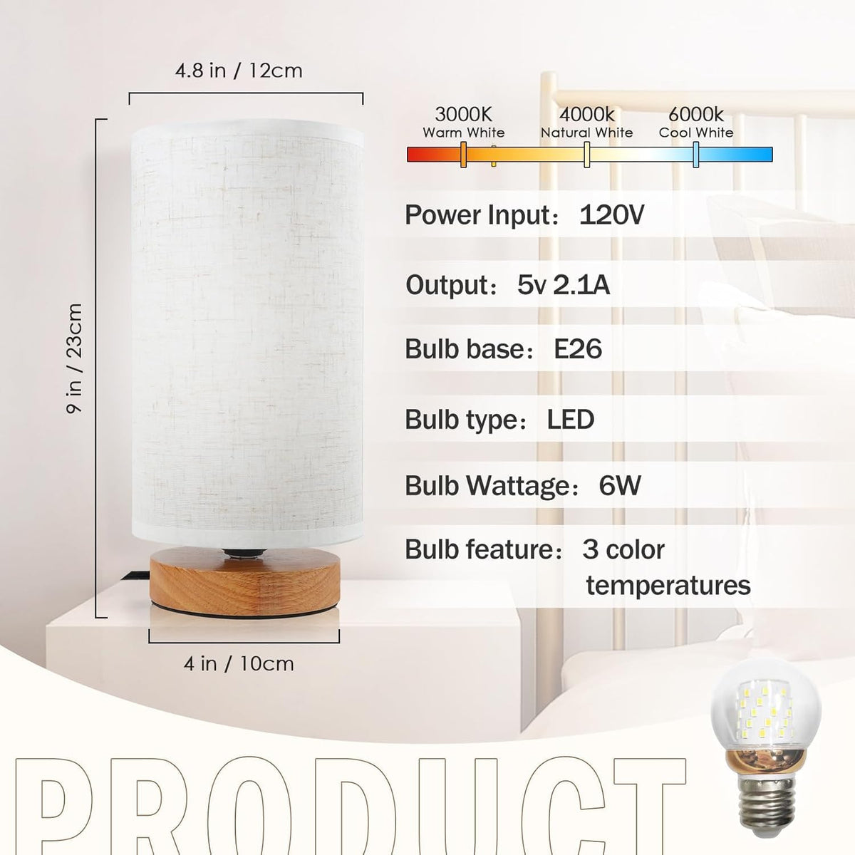 Small Bedside Table Lamp for Bedroom, Minimalist Wood Base & Round Fabric Shade, Mini Cute Cozy Warm White Nightstand Boho Lamp, Study Desk Night Stand Light for Room, Dorm, Nursery, Living Room