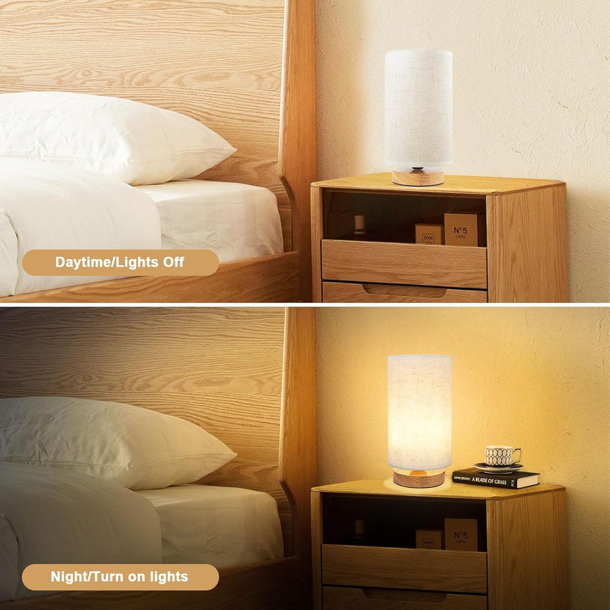 Small Bedside Table Lamp for Bedroom, Minimalist Wood Base & Round Fabric Shade, Mini Cute Cozy Warm White Nightstand Boho Lamp, Study Desk Night Stand Light for Room, Dorm, Nursery, Living Room