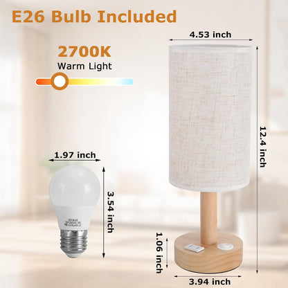Small Bedside Table Lamp for Bedroom, Minimalist Wood Base & Round Fabric Shade, Mini Cute Cozy Warm White Nightstand Boho Lamp, Study Desk Night Stand Light for Room, Dorm, Nursery, Living Room