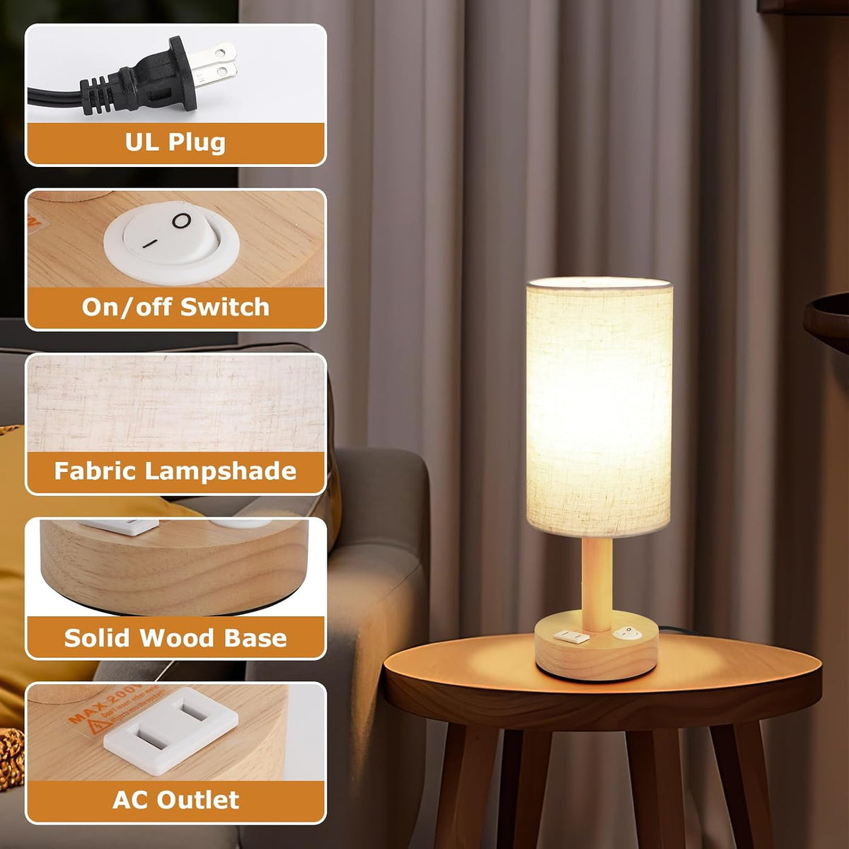 Small Bedside Table Lamp for Bedroom, Minimalist Wood Base & Round Fabric Shade, Mini Cute Cozy Warm White Nightstand Boho Lamp, Study Desk Night Stand Light for Room, Dorm, Nursery, Living Room