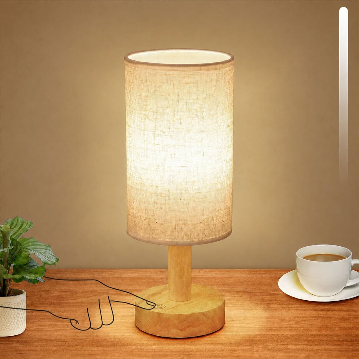 Small Bedside Table Lamp for Bedroom, Minimalist Wood Base & Round Fabric Shade, Mini Cute Cozy Warm White Nightstand Boho Lamp, Study Desk Night Stand Light for Room, Dorm, Nursery, Living Room
