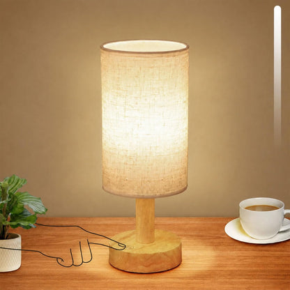 Small Bedside Table Lamp for Bedroom, Minimalist Wood Base & Round Fabric Shade, Mini Cute Cozy Warm White Nightstand Boho Lamp, Study Desk Night Stand Light for Room, Dorm, Nursery, Living Room