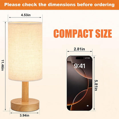 Small Bedside Table Lamp for Bedroom, Minimalist Wood Base & Round Fabric Shade, Mini Cute Cozy Warm White Nightstand Boho Lamp, Study Desk Night Stand Light for Room, Dorm, Nursery, Living Room