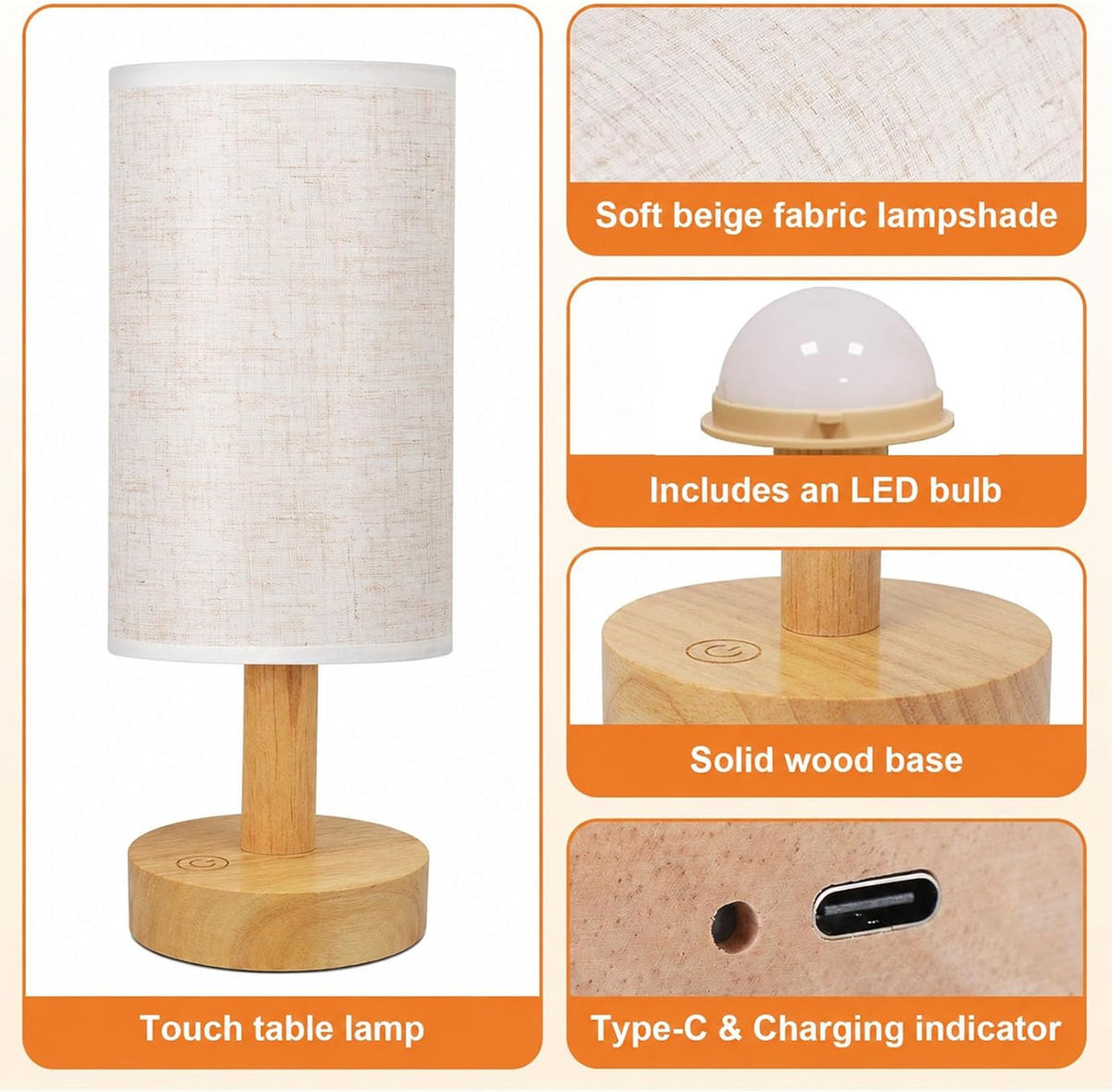 Small Bedside Table Lamp for Bedroom, Minimalist Wood Base & Round Fabric Shade, Mini Cute Cozy Warm White Nightstand Boho Lamp, Study Desk Night Stand Light for Room, Dorm, Nursery, Living Room