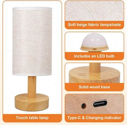 Small Bedside Table Lamp for Bedroom, Minimalist Wood Base & Round Fabric Shade, Mini Cute Cozy Warm White Nightstand Boho Lamp, Study Desk Night Stand Light for Room, Dorm, Nursery, Living Room