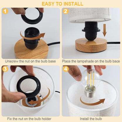 Small Bedside Table Lamp for Bedroom, Minimalist Wood Base & Round Fabric Shade, Mini Cute Cozy Warm White Nightstand Boho Lamp, Study Desk Night Stand Light for Room, Dorm, Nursery, Living Room