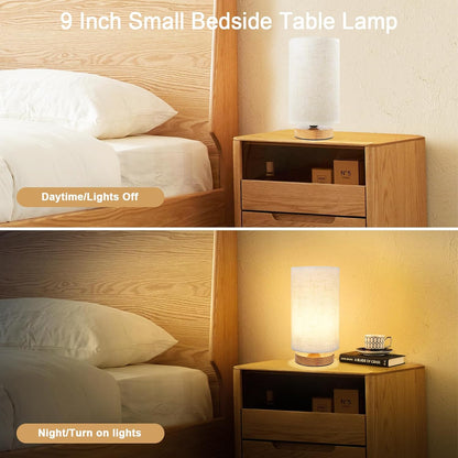 Small Bedside Table Lamp for Bedroom, Minimalist Wood Base & Round Fabric Shade, Mini Cute Cozy Warm White Nightstand Boho Lamp, Study Desk Night Stand Light for Room, Dorm, Nursery, Living Room