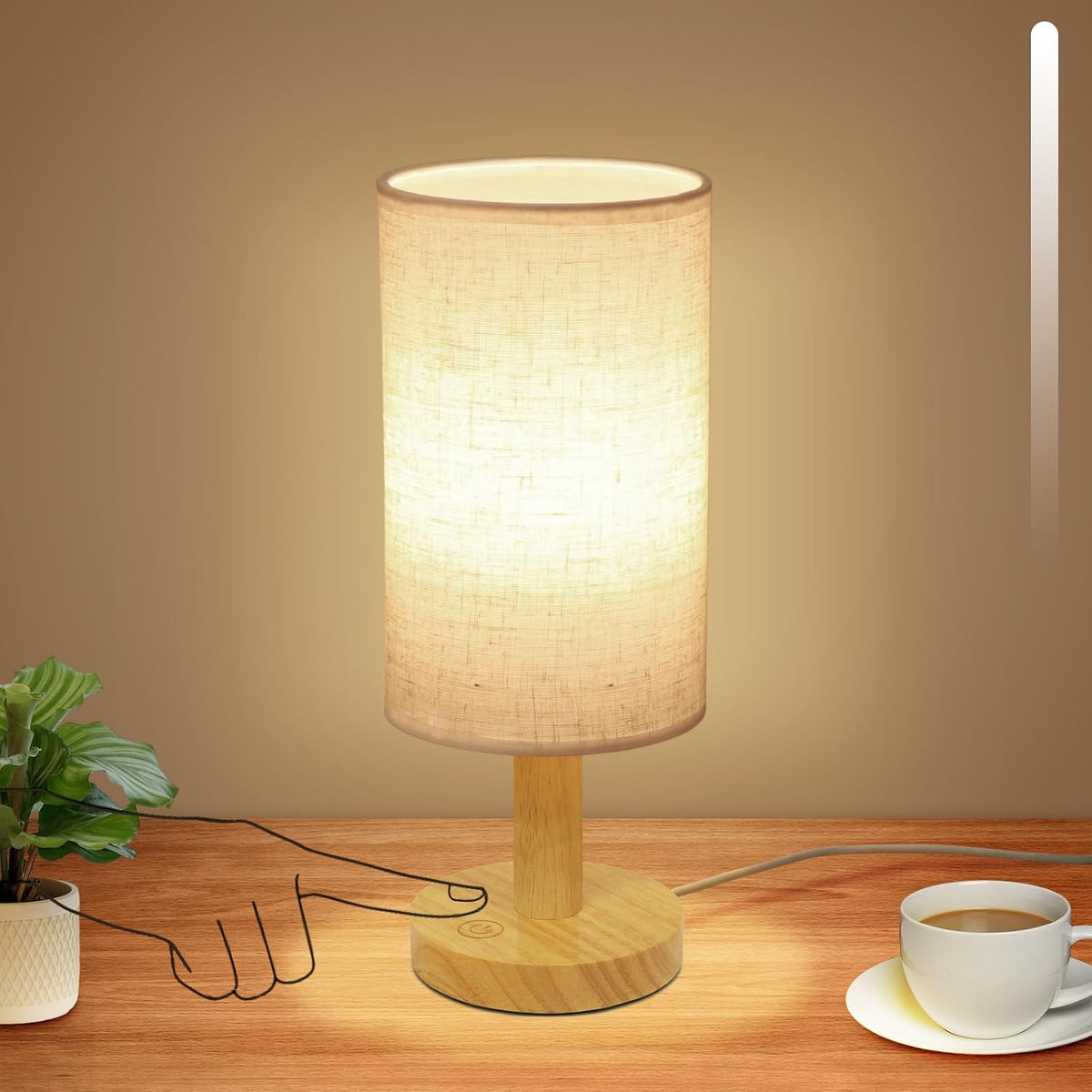 Small Bedside Table Lamp for Bedroom, Minimalist Wood Base & Round Fabric Shade, Mini Cute Cozy Warm White Nightstand Boho Lamp, Study Desk Night Stand Light for Room, Dorm, Nursery, Living Room
