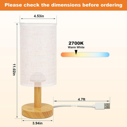 Small Bedside Table Lamp for Bedroom, Minimalist Wood Base & Round Fabric Shade, Mini Cute Cozy Warm White Nightstand Boho Lamp, Study Desk Night Stand Light for Room, Dorm, Nursery, Living Room