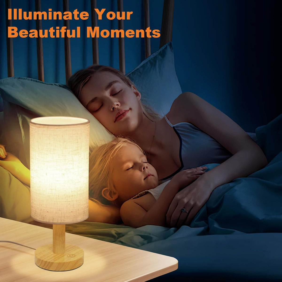 Small Bedside Table Lamp for Bedroom, Minimalist Wood Base & Round Fabric Shade, Mini Cute Cozy Warm White Nightstand Boho Lamp, Study Desk Night Stand Light for Room, Dorm, Nursery, Living Room