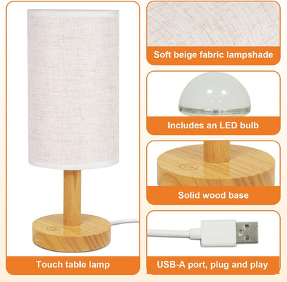 Small Bedside Table Lamp for Bedroom, Minimalist Wood Base & Round Fabric Shade, Mini Cute Cozy Warm White Nightstand Boho Lamp, Study Desk Night Stand Light for Room, Dorm, Nursery, Living Room