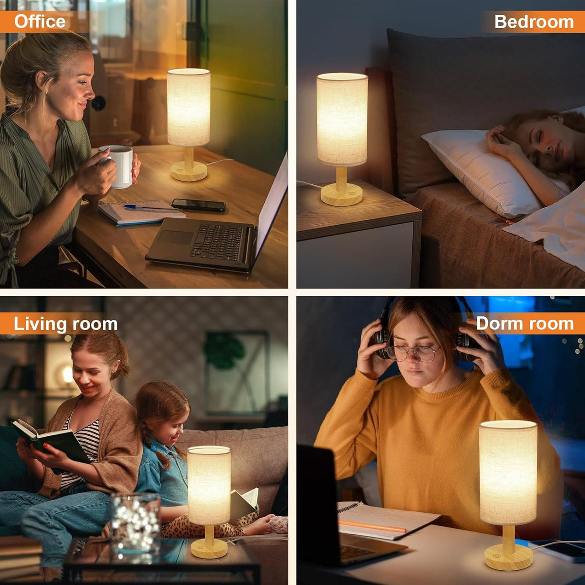 Small Bedside Table Lamp for Bedroom, Minimalist Wood Base & Round Fabric Shade, Mini Cute Cozy Warm White Nightstand Boho Lamp, Study Desk Night Stand Light for Room, Dorm, Nursery, Living Room