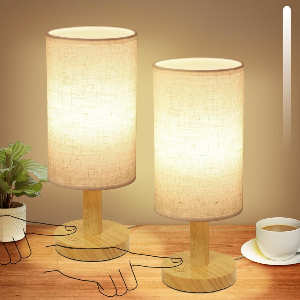 Small Bedside Table Lamp for Bedroom, Minimalist Wood Base & Round Fabric Shade, Mini Cute Cozy Warm White Nightstand Boho Lamp, Study Desk Night Stand Light for Room, Dorm, Nursery, Living Room