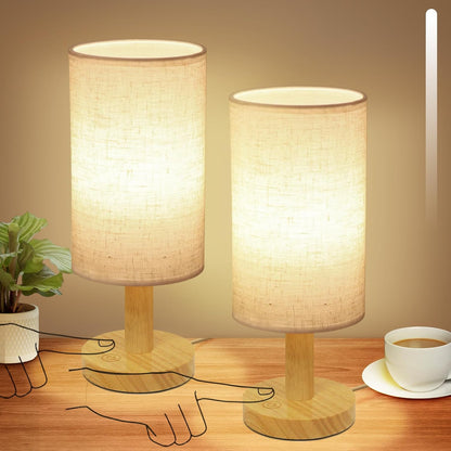 Small Bedside Table Lamp for Bedroom, Minimalist Wood Base & Round Fabric Shade, Mini Cute Cozy Warm White Nightstand Boho Lamp, Study Desk Night Stand Light for Room, Dorm, Nursery, Living Room