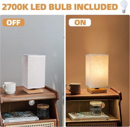 Small Bedside Table Lamp for Bedroom, Minimalist Wood Base & Round Fabric Shade, Mini Cute Cozy Warm White Nightstand Boho Lamp, Study Desk Night Stand Light for Room, Dorm, Nursery, Living Room