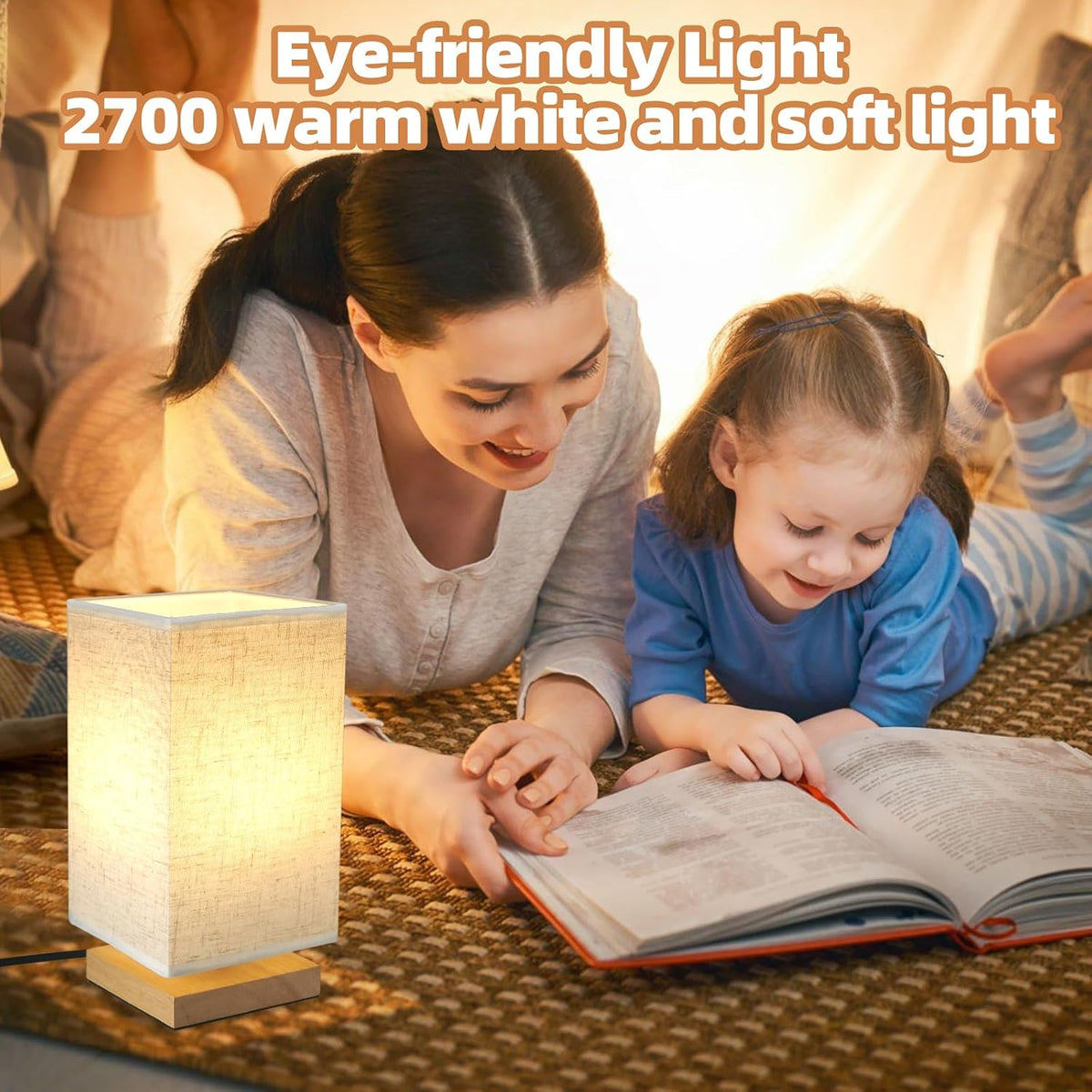 Small Bedside Table Lamp for Bedroom, Minimalist Wood Base & Round Fabric Shade, Mini Cute Cozy Warm White Nightstand Boho Lamp, Study Desk Night Stand Light for Room, Dorm, Nursery, Living Room