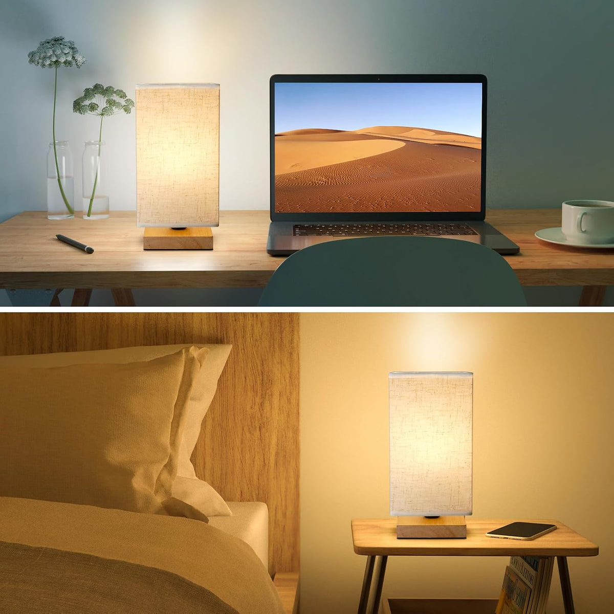Small Bedside Table Lamp for Bedroom, Minimalist Wood Base & Round Fabric Shade, Mini Cute Cozy Warm White Nightstand Boho Lamp, Study Desk Night Stand Light for Room, Dorm, Nursery, Living Room