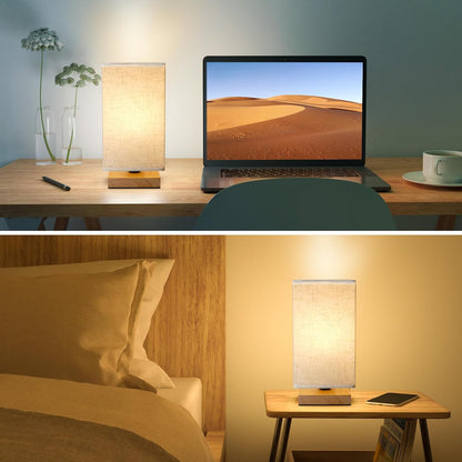 Small Bedside Table Lamp for Bedroom, Minimalist Wood Base & Round Fabric Shade, Mini Cute Cozy Warm White Nightstand Boho Lamp, Study Desk Night Stand Light for Room, Dorm, Nursery, Living Room