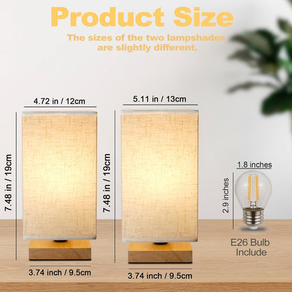Small Bedside Table Lamp for Bedroom, Minimalist Wood Base & Round Fabric Shade, Mini Cute Cozy Warm White Nightstand Boho Lamp, Study Desk Night Stand Light for Room, Dorm, Nursery, Living Room