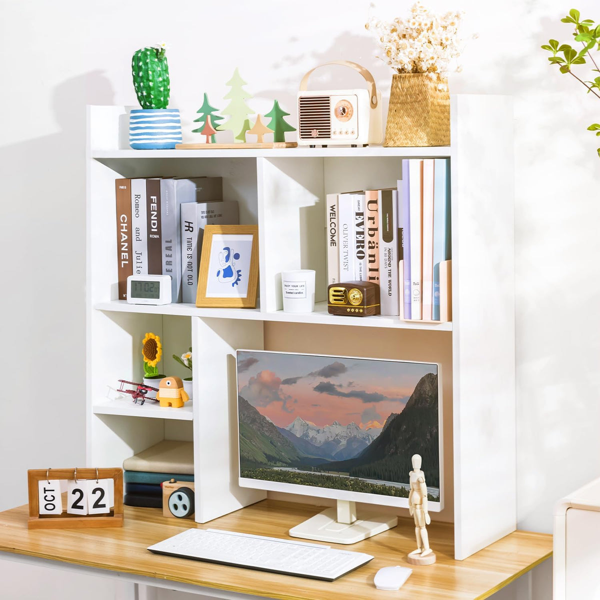 deli Desktop Shelf, Desk Hutch with 5 Shelves for Computer Desk, White