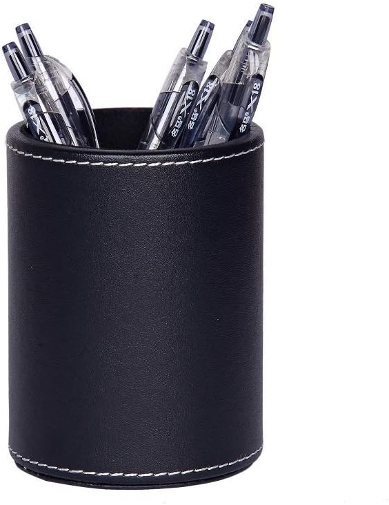 1PC Black PU Leather Round Pencil Pen Cup Holder Stand Desk Organizer Desktop Stationery Container Accessorires for Home, School, Office