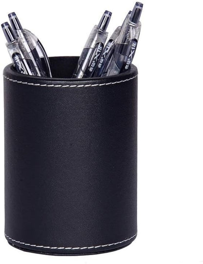 1PC Black PU Leather Round Pencil Pen Cup Holder Stand Desk Organizer Desktop Stationery Container Accessorires for Home, School, Office