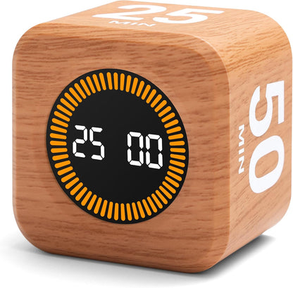 Rotating Productivity Cube Timer, 5/25/10/50 Min Presets, Wood Grain