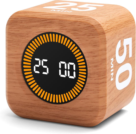 Rotating Productivity Cube Timer, 5/25/10/50 Min Presets, Wood Grain