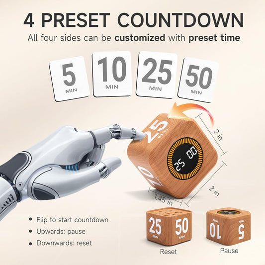 Rotating Productivity Cube Timer, 5/25/10/50 Min Presets, Wood Grain