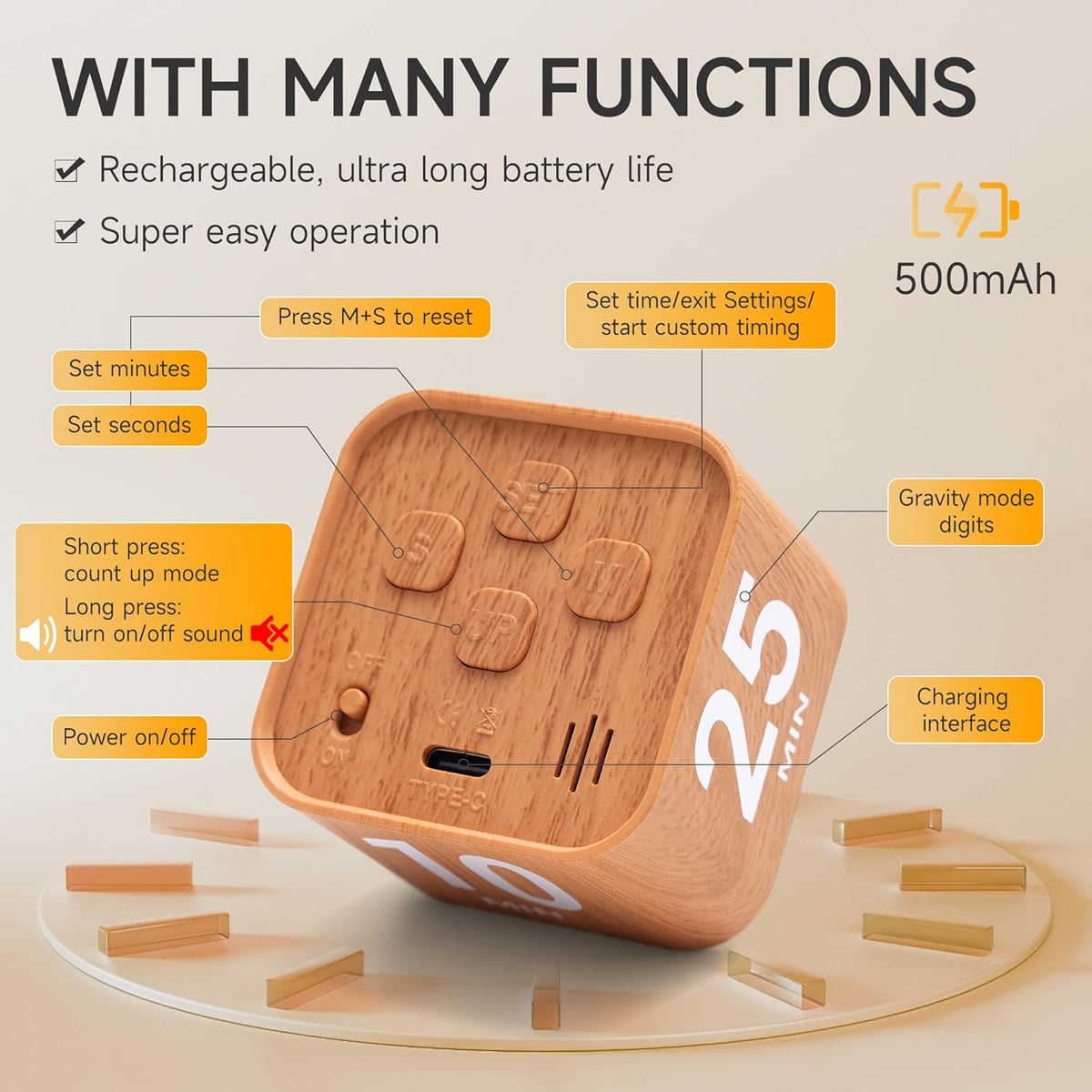 Rotating Productivity Cube Timer, 5/25/10/50 Min Presets, Wood Grain