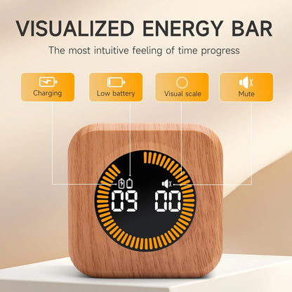Rotating Productivity Cube Timer, 5/25/10/50 Min Presets, Wood Grain