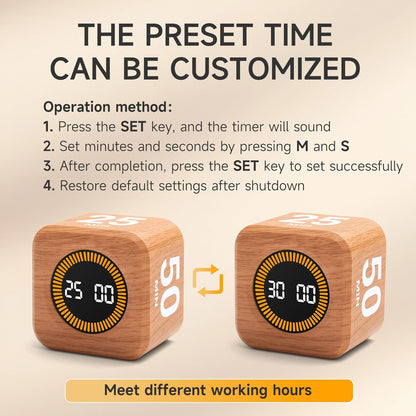 Rotating Productivity Cube Timer, 5/25/10/50 Min Presets, Wood Grain