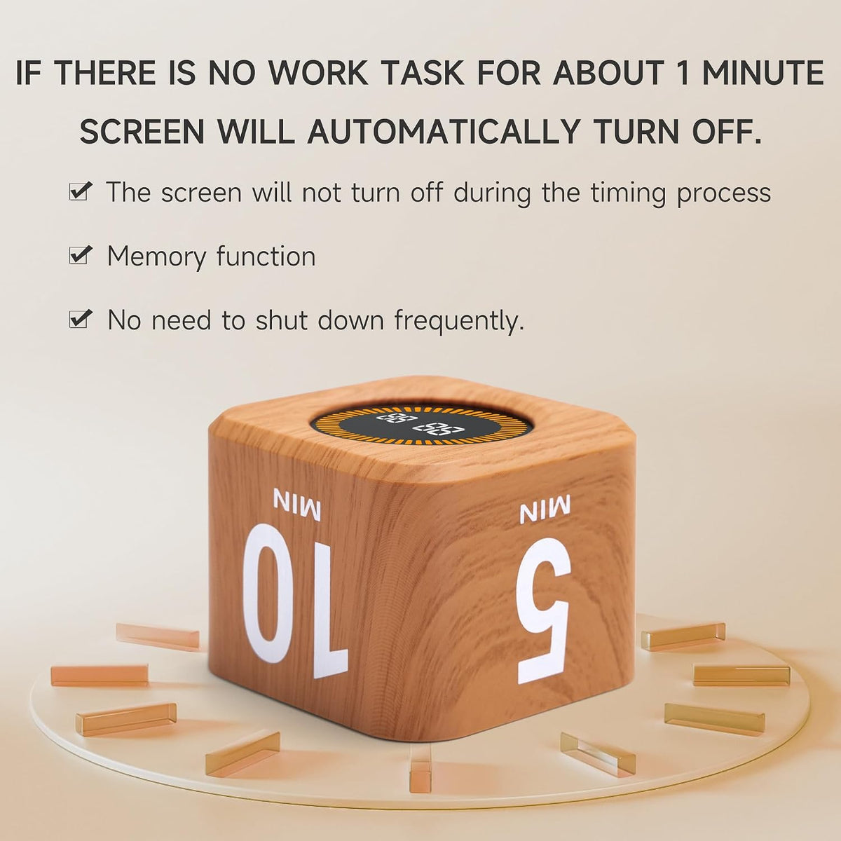 Rotating Productivity Cube Timer, 5/25/10/50 Min Presets, Wood Grain