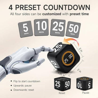 Rotating Productivity Cube Timer, 5/25/10/50 Min Presets, Wood Grain