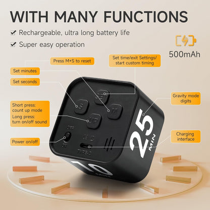 Rotating Productivity Cube Timer, 5/25/10/50 Min Presets, Wood Grain