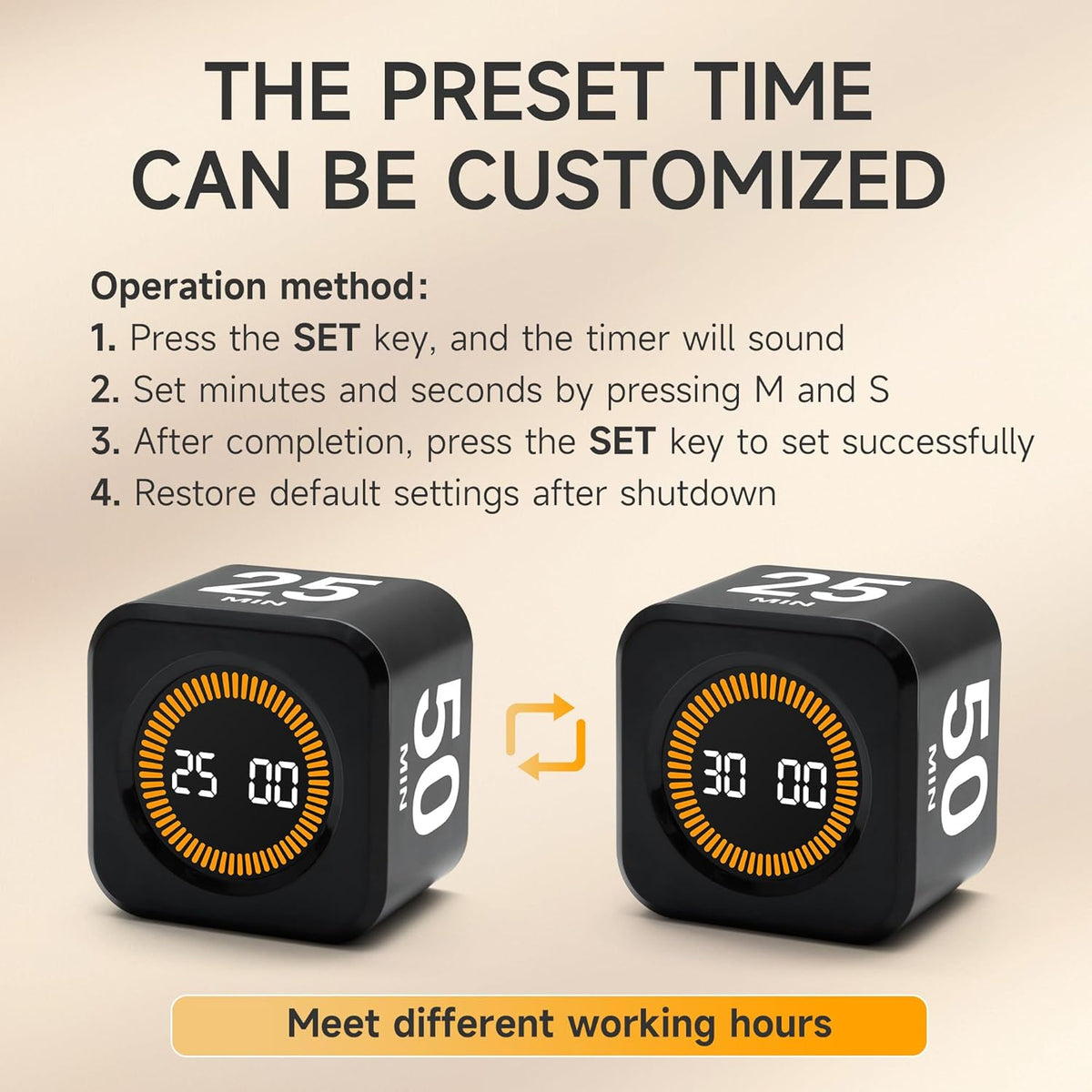 Rotating Productivity Cube Timer, 5/25/10/50 Min Presets, Wood Grain