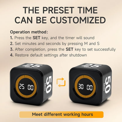 Rotating Productivity Cube Timer, 5/25/10/50 Min Presets, Wood Grain