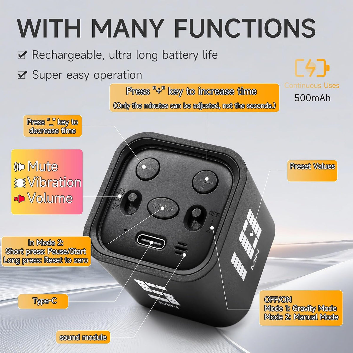 Rotating Productivity Cube Timer, 5/25/10/50 Min Presets, Wood Grain