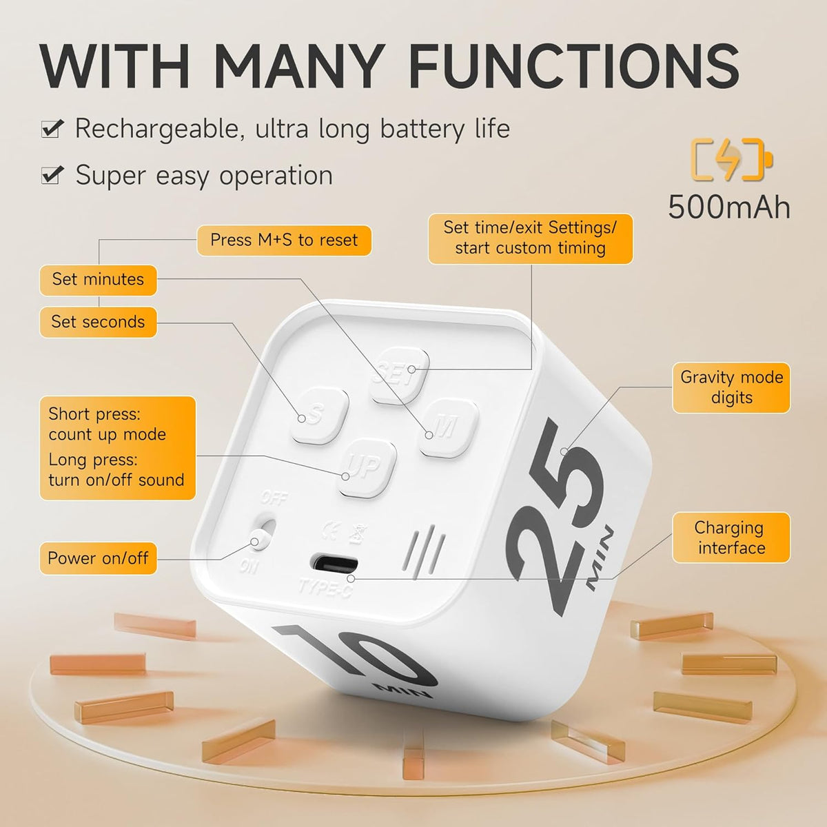 Rotating Productivity Cube Timer, 5/25/10/50 Min Presets, Wood Grain