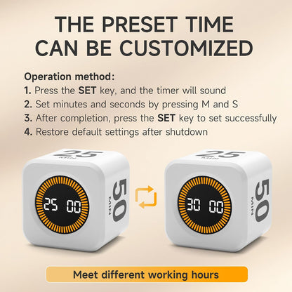 Rotating Productivity Cube Timer, 5/25/10/50 Min Presets, Wood Grain
