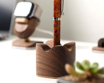 Handmade Walnut Wood Pen Holder – Desk Organizer for Office & Home | Minimalist Wooden Pencil/Tool Holder | Gift Desk Supplies