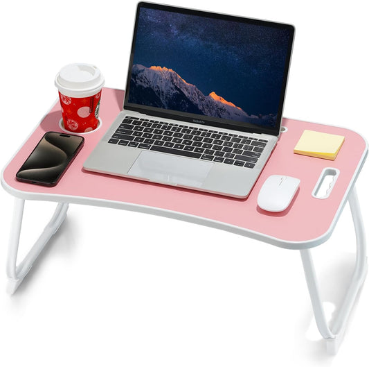 Laptop Bed Desk, Foldable Lap Desk, Portable Lap Table, Laptop Stand with Cup Holder, Tablet Slot & Lifting Handle for Work, Write, Draw & Eat on Bed, Sofa or Couch - Pink