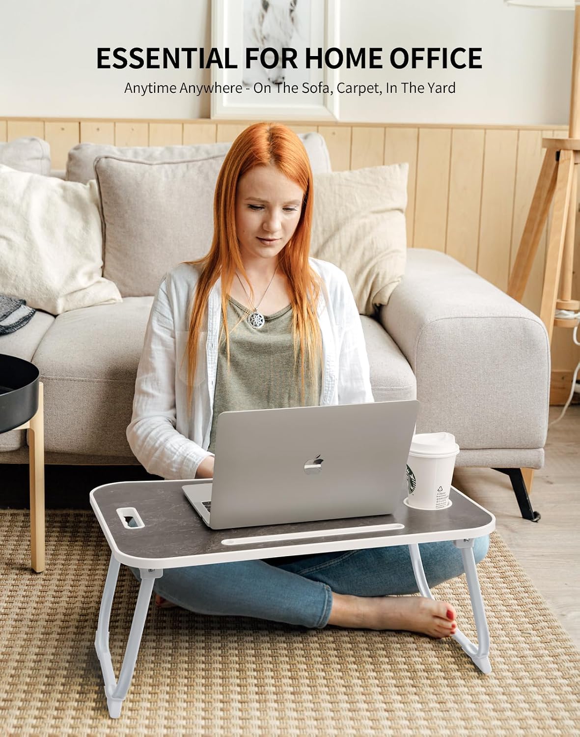Laptop Bed Desk, Foldable Lap Desk, Portable Lap Table, Laptop Stand with Cup Holder, Tablet Slot & Lifting Handle for Work, Write, Draw & Eat on Bed, Sofa or Couch - Pink