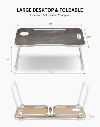 Laptop Bed Desk, Foldable Lap Desk, Portable Lap Table, Laptop Stand with Cup Holder, Tablet Slot & Lifting Handle for Work, Write, Draw & Eat on Bed, Sofa or Couch - Pink