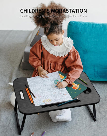 Laptop Bed Desk, Foldable Lap Desk, Portable Lap Table, Laptop Stand with Cup Holder, Tablet Slot & Lifting Handle for Work, Write, Draw & Eat on Bed, Sofa or Couch - Pink