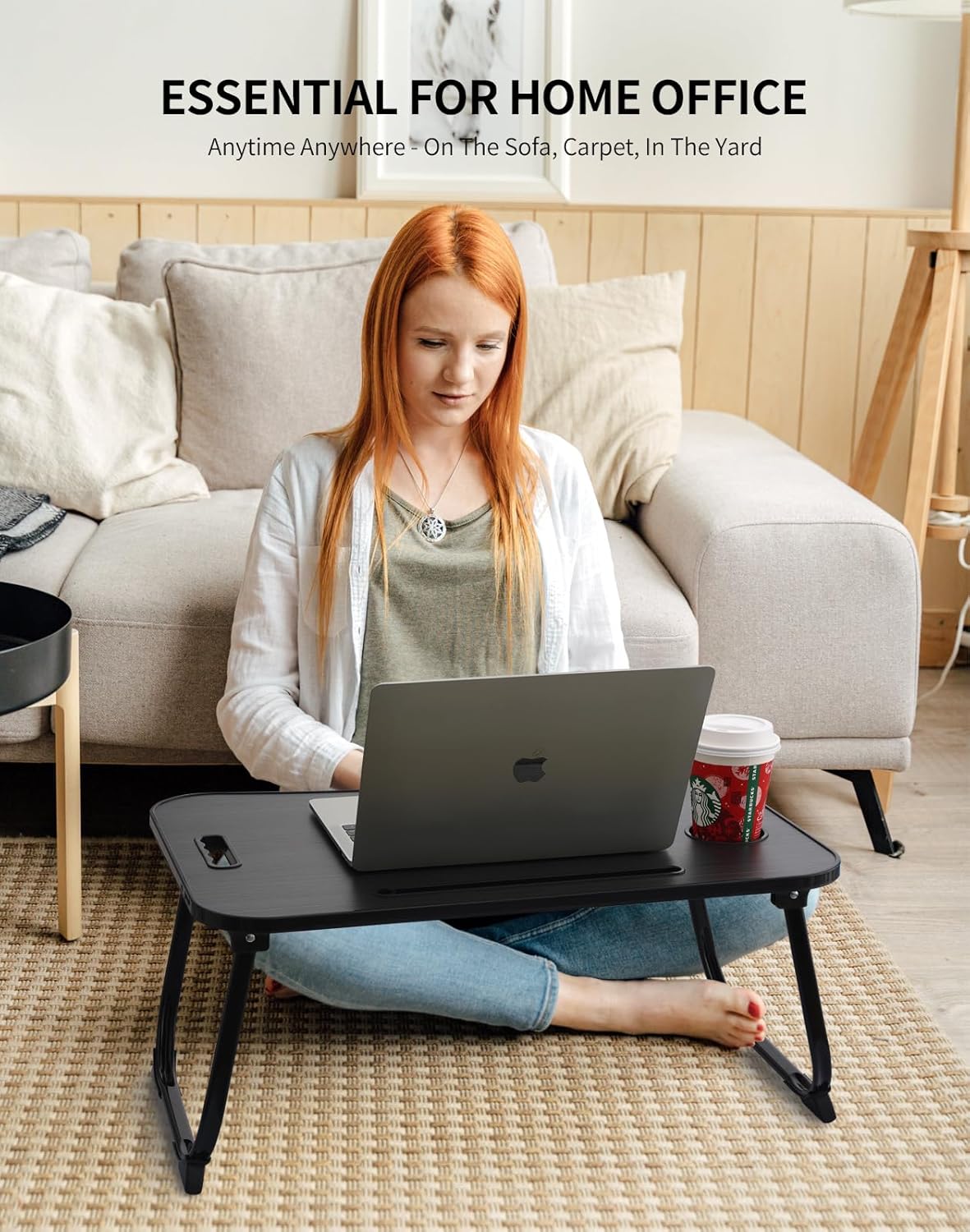 Laptop Bed Desk, Foldable Lap Desk, Portable Lap Table, Laptop Stand with Cup Holder, Tablet Slot & Lifting Handle for Work, Write, Draw & Eat on Bed, Sofa or Couch - Pink