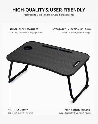 Laptop Bed Desk, Foldable Lap Desk, Portable Lap Table, Laptop Stand with Cup Holder, Tablet Slot & Lifting Handle for Work, Write, Draw & Eat on Bed, Sofa or Couch - Pink