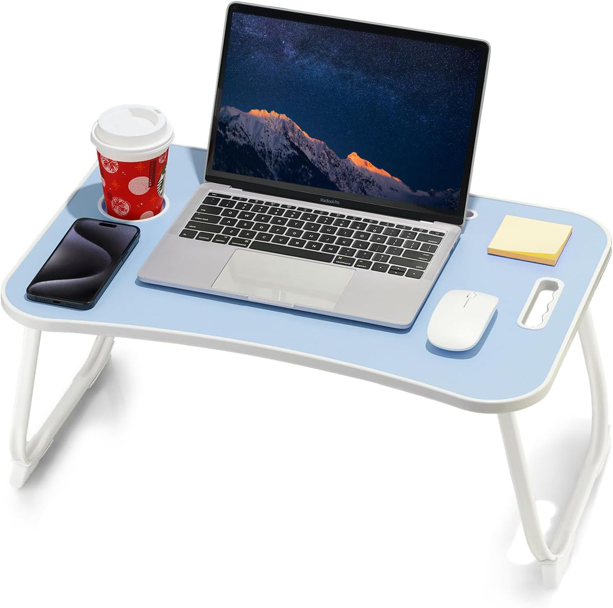 Laptop Bed Desk, Foldable Lap Desk, Portable Lap Table, Laptop Stand with Cup Holder, Tablet Slot & Lifting Handle for Work, Write, Draw & Eat on Bed, Sofa or Couch - Pink