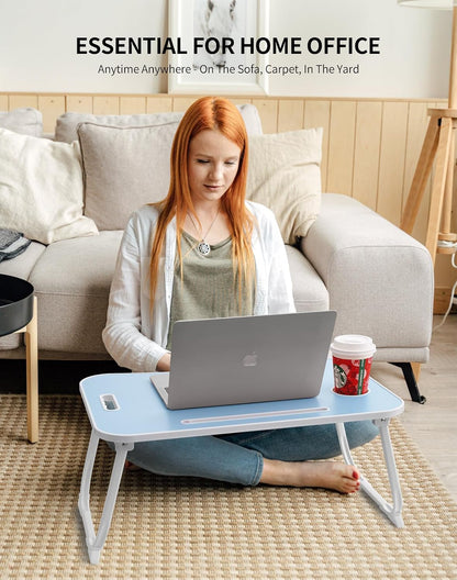 Laptop Bed Desk, Foldable Lap Desk, Portable Lap Table, Laptop Stand with Cup Holder, Tablet Slot & Lifting Handle for Work, Write, Draw & Eat on Bed, Sofa or Couch - Pink